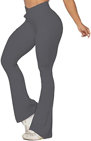 Сонцел Флејл хеланки за жени со џебови, кросовер јога панталони со контрола на стомакот, високи половини и широка нога