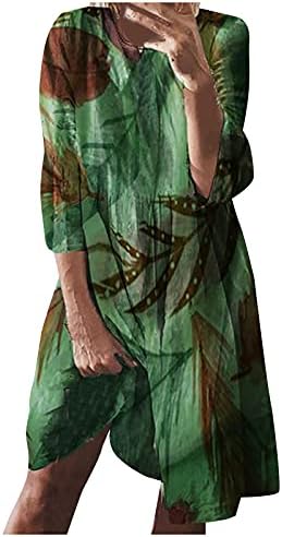 Долги фустани на Nokmopo за жени официјални обични удобни тркалезни/лисја печати долг ракав фустан