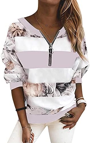 Beuu 1/4 zip-up лента за печатење врвови за удобни маици за жени каузални валани со маици со долг ракав Туника пуловер блузи