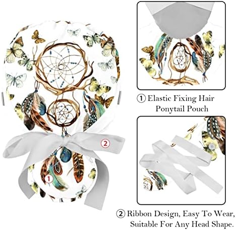 2 ПЦС медицинска сестра за чистење капаци жени долга коса, прилагодливо работно капаче за бамбус со копче и џемпери
