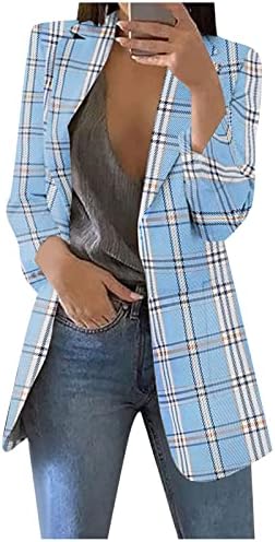 Daseis женски плус големина карирани блејзер јакни отворени предни ракави за лежење, талент за канцеларија за канцеларија со џебови со џебови