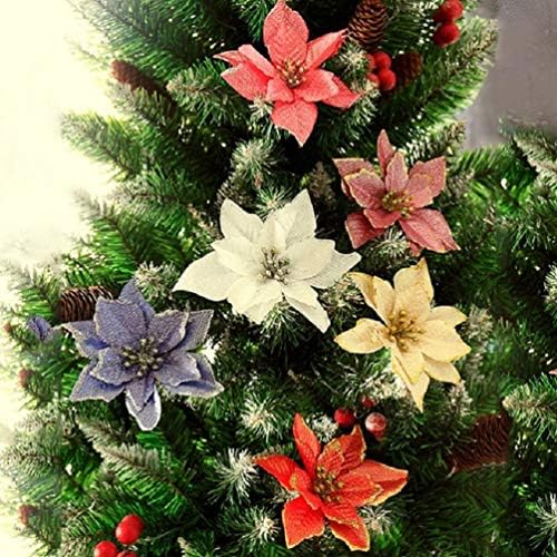 Nuobesty вештачки растенија сјајни вештачки свадби Божиќни цвеќиња сјајни поинсетија украси за новогодишна елка украси 16 парчиња Божиќен