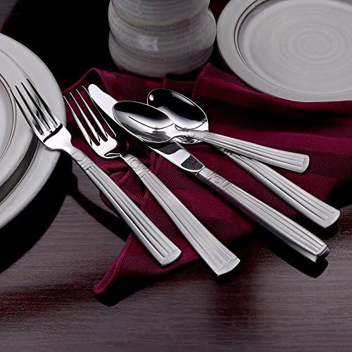 Fiberty Tabletop Lincoln 45-парчиња 18/10 Flatware поставен за 8, вклучува делови за сервирање направени во САД