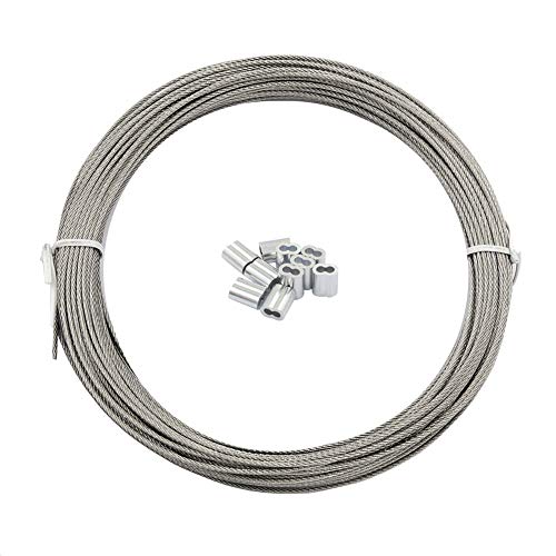 DGOL 100 стапки 1/16 инчи 304 жица од кабел од не'рѓосувачки челик, 7x7 стандард, 100 стапки, со запирања на ракави од 10 парчиња, за отворено,