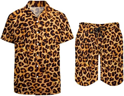 Weedkeycat Animal Leopard Print Man's Mach Beach Outfits 2 парчиња Хавајско копче надолу со кошула Краток ракав и шорцеви
