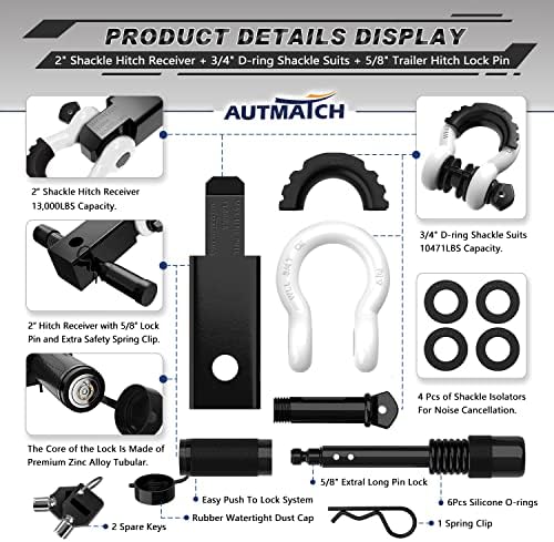 Autmatch Shackle Hitch Receiver 2 инчи со затегнување на затегнување анти-рајт-стегач, 3/4 D прстен за пржени и 5/8 приколка за заклучување