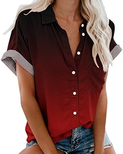 Жени Премногу Жени Мода Краток Ракав Градиент Печатење Џеб Копче Мета Обичните Популарни Блуза Блузи Колеџ