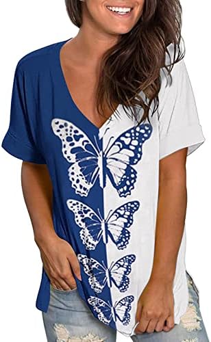 Мода против вратот маичка пеперутка печатена женска летна летна врвови цветни кратки ракави преголеми странични сплит туничен мета
