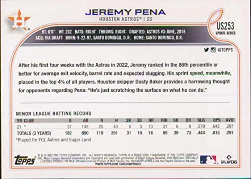 2022 Ажурирање на Топпс US253 Jeremy Pena NM-MT RC RC DOBICIE HOUSTON ASTROS Бејзбол