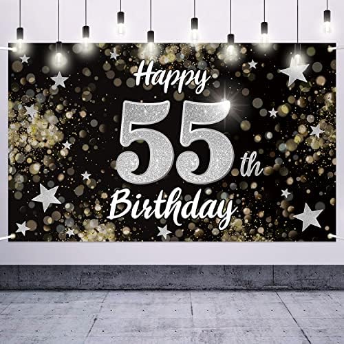 Нелбирт Среќен 55-Ти Роденден Црна &засилувач; Сребрена Ѕвезда Голем Банер-Навива за 55 Години Роденден Дома Ѕид Фотопроп Позадина, 55-Ти Роденден