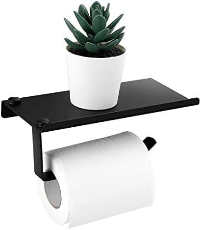 Ролна на тоалетна хартија со полица, матно црно држач за тоалетна хартија монтирана на wallид - држач за миење садови за миење садови за