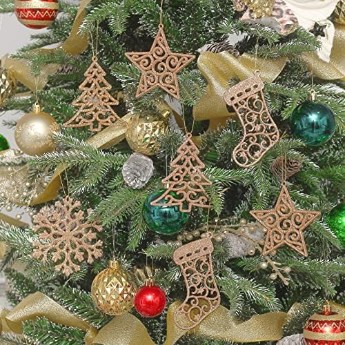 SY SUPER BANG 4 инчи Шампањски Божиќни сјајни украси, 40 парчиња висат снегулки за новогодишни украси за новогодишни елки за Божиќна