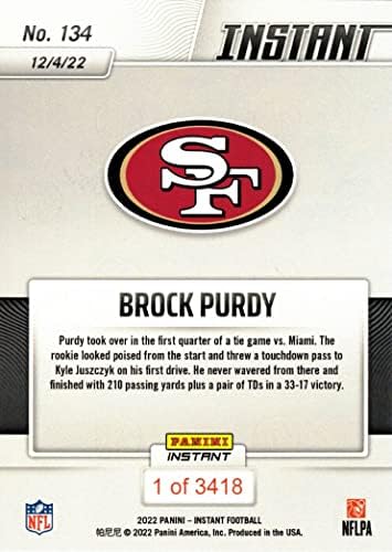 2022 Panini Instant Football 134 Brock Purdy Rookie Card 49ers - направени само 3.418!