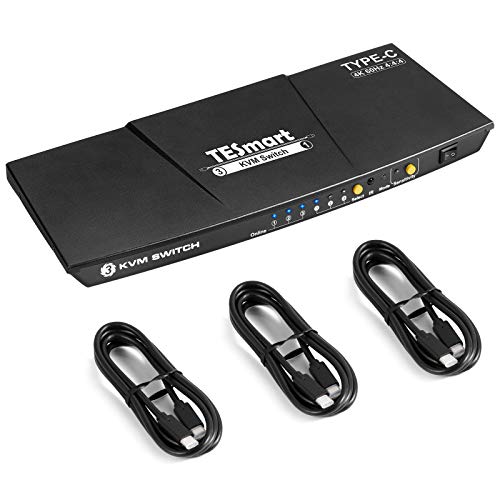 TESmart USB - C Kvm Прекинувач 3 во 1 Надвор, за 3 Компјутери и 1 Монитори, 4k@60 Hz, Напојување На Лаптопот Поврзан Со Портата 1, Тип-C KVM