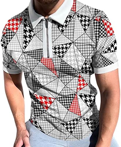 XXBR MENS SUMBER 2 PIECTS, HOUNDSTOOTH GRAPHIC PRINT Краток ракав Зипер Поло кошули голф шорцеви поставени обични облеки