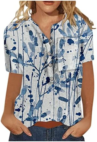 Блузи со кратки ракави за жени мода 2023 летни жени екипаж вратот цветните печатени кошули со врвни обични