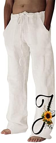 XXBR машки памучни постелнини панталони со панталони со јога со права нога лабава фит пеперутка цветни печати обични панталони за плажа