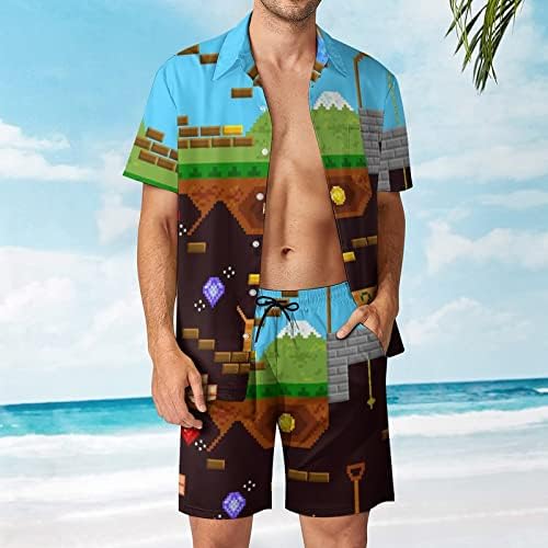 Ретро видео игра играјќи машки 2 парчиња облека на плажа на хавајски копче надолу кошула со кратки ракави и костуми за шорцеви