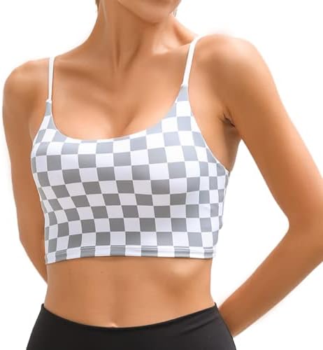 Sportsојоанс Лонглин Спортски градници за жени Checkerboard Print Pended Wirefree Tranchout Took Tound Top со вграден градник