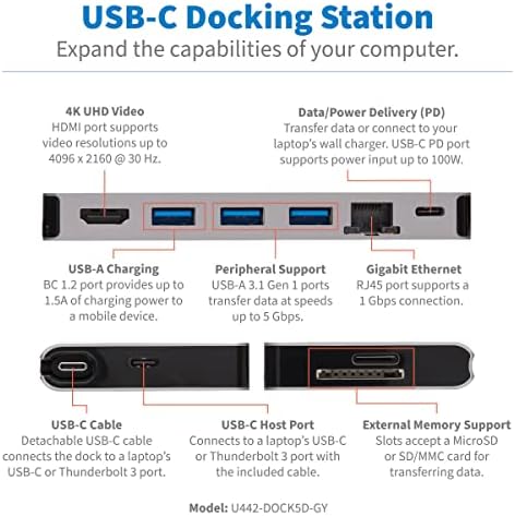 Tripp Lite USB C Докинг станица USB Hub 4K HDMI GBE SD картички за читање PD Полнење
