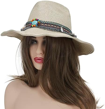 Машка и женска ткаена слама каубојска капа од каубојска капа за западните капи за жени прилагодлива каубојска капа со широк оброк за лето