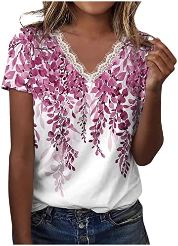 Женски чипка против врвовите на вратот лето цветно печатење маичка горната кратка ракав фустан од блуза кошула случајно лабава вклопена