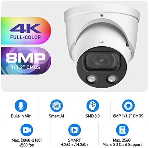 EmpireTech 4K Ultra LOW LIGHT со целосна боја 8MP Smart AI Starlight Turret IP камера 1/1,2 CMOS, вграден топло LED, вграден MIC, SMD 3.0,