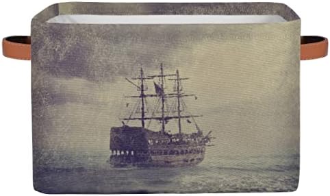 Пиратски брод за наутичка корпа за складирање 2 парчиња со рачки, голема правоаголна коцка за складирање морска уметност склопувачки кутија