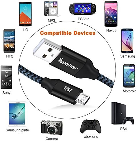 Iseekerkit USB кабел 15ft Дополнителни долги плетенки микро USB жици за полнење [2PACK] компатибилен за Android/Windows/PS4 контролер/Samsung