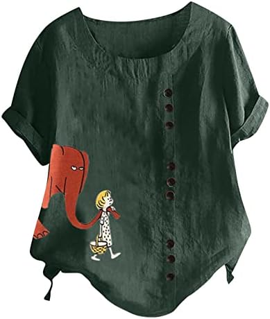 Маички за жени памучни постелнини слатки печатени маички летни врвови со кратки ракави на вратот плус големини копчиња блузи