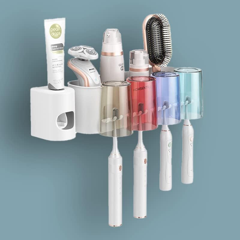 Држач за држачи за четкичка за заби, монтиран, комплет за стискање на паста за заби, вклучени чаши, држач за четки за заби за бања и суета,