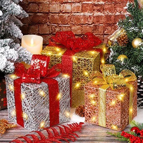 Комплет за фови од 3 Божиќни осветлени кутии за подароци претставува кутии со лакови за Божиќни кутии со 70 LED светлосни жици за Божиќна декорација, злато, сребро, роз