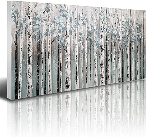 Голема brewидна уметност од бреза дрво рачно насликана апстрактна шумска пејзаж масло сликарство на платно текстура 24х48 ”, задебелување бели аспен дрвја, слики со с?