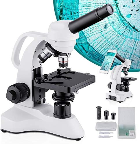 Монокуларно соединение микроскоп 80X-1600X, лабораториски микроскоп за истражување на истражување со 10x/20x очни капаци, механичка фаза, фино фокусирање, адаптер за теле