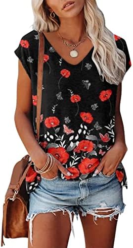 Women'sенски врвови обични v вратот лето кратки ракави блузи врвови новини за лабава фит туника врвови основни маички кошули