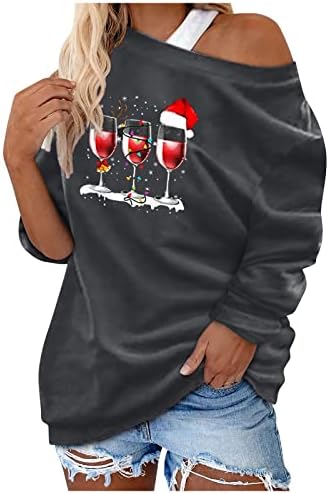Christmasената на Fmchico Jompershirt Божиќна печати каузална блуза од рамото со долг ракав лабав слаби пулвер плус големина на врвови