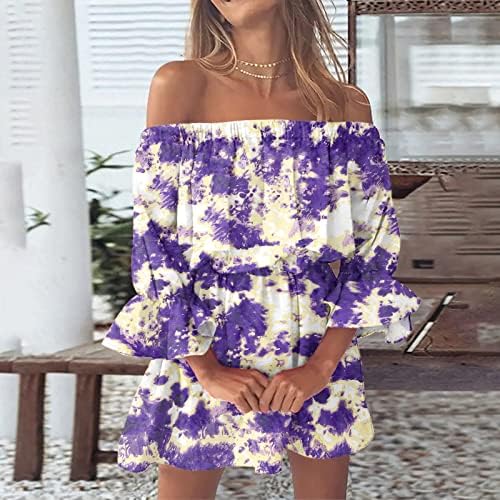 Летни фустани за жени 2023 плажа секси садница од рамото случајно лабаво вклопување bellвоно ракав боемски печатен мини фустан