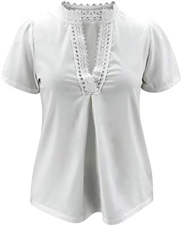 Женски шупливи кошули со вратот, цврсти тенок фит чипка со кратки ракави маички летни модни обични блузи врвови