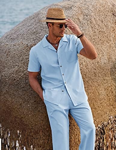 Coofandy Men 2 Piece Lenen Облека за плажа копче надолу со кошула Обични лабави пантолони