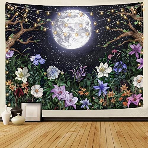 Необична естетска месечина градина таписерија wallид што виси, ноќен пејзаж со шарени растенија цветни таписерии за спална соба дома
