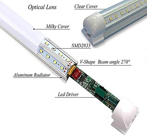 Yangcan T8 2FT LED Продавница Светло Тела, 20W 2200LM 6000K, Интегриран Led Цевка, V Форма, T8 Светлосна Цевка Јасно Покритие, Вграден