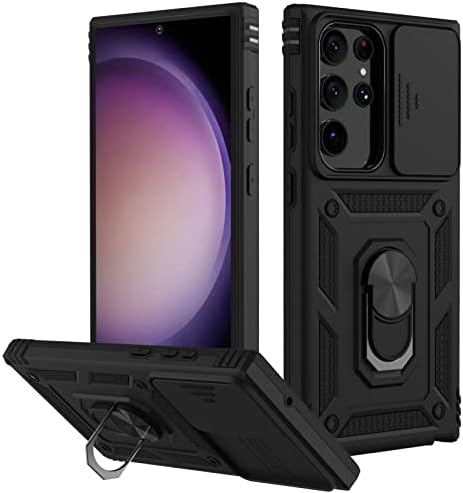 JDHDL За Ултра Куќиште Galaxy S23 Со Капак На Лизгачката Камера, Вграден Држач За Прстен За Прсти, Двослојна Заштитна Телефонска Кутија Отпорна