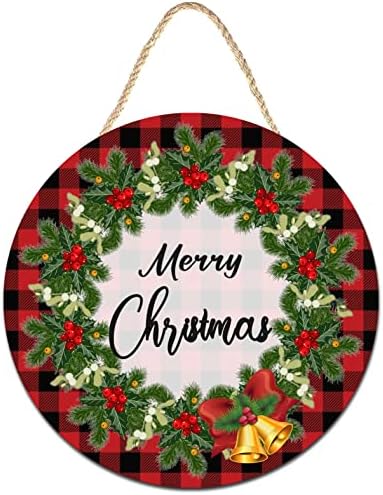Среќен Божиќен круг дрвен знак Рустикален добредојден wallиден декор за Божиќна куќа домашна декорација на влезната врата 12 инчи