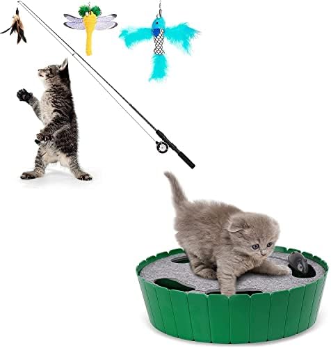 Pawaboo Cat Feater Teaser Wand Toy & Cat Toy со глувче за трчање, електрично интерактивно движење мачка играчка автоматска ротирачка тизер поп и игра скриј и побарајте лов peekaboo мачка ?
