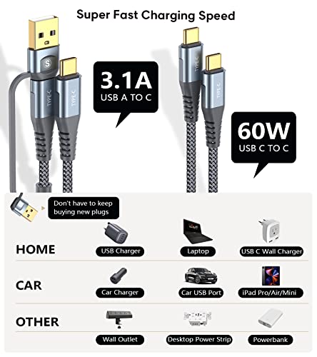 USB C ДО USB C Кабел 6.6 ft PD 60W iPad Pro Полнач 2-ВО-1 USB Тип A/C За Тип C Најлон Плетенка Кабел За iPad Pro Air 4 5 Мини