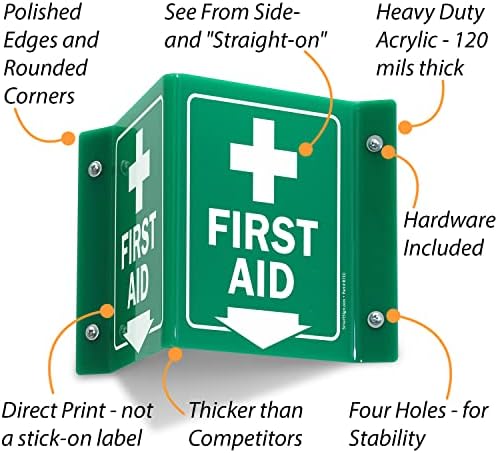 SmartSign „Прва помош“ двострана знак за проектирање во форма на V со надолу стрела и симбол, 6 x 5 инчи, 120 милји полирано акрилик, зелена/бела