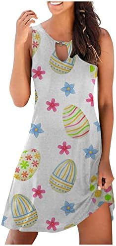 Lcepcy жени симпатична зајаче јајца цветни принтрики кратки мини фустан летен резервоар без ракави клуч за клучеви за лебава лабава маичка фустан