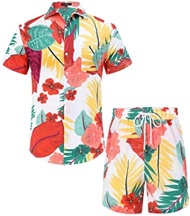 Елитсперит Менс Хавајски кошули и шорцеви 2 парчиња кратки ракави цветно плажа за одмор на плажа надолу облеки бели м