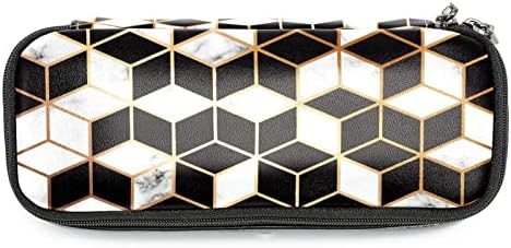3Д црн бел плоштад геометриски образец кожен молив за молив, торба со пенкало со двоен патенти за чување торба за чување торби