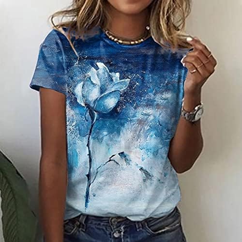 Малку кошула со блузи со кратки ракави за тинејџерски девојки 2023 памук екипаж на вратот на вратот графички печати цветни брендови на врвот